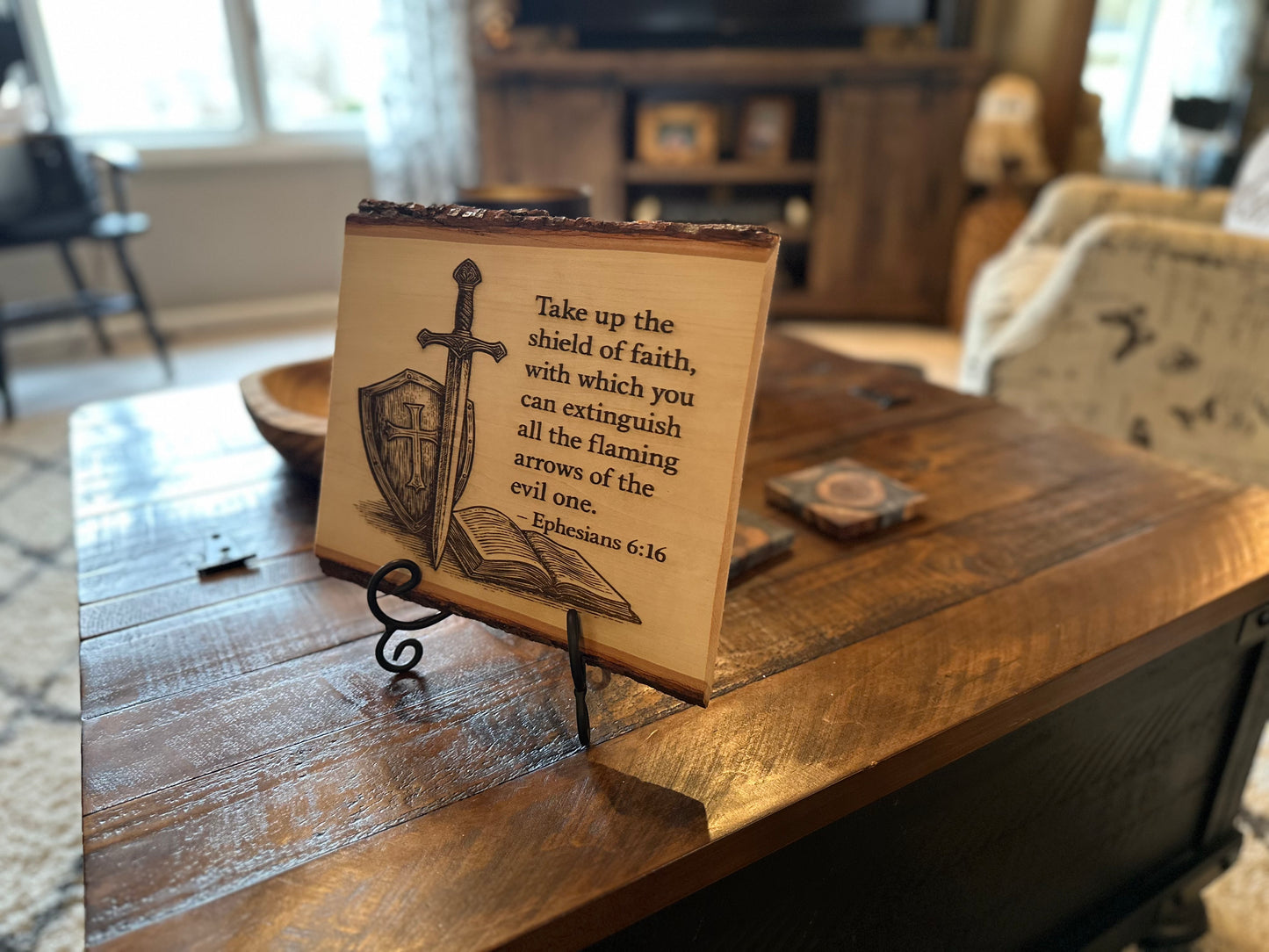 Shield of Faith Wood Engraving – Ephesians 6:16 Christian Wall & Table Decor