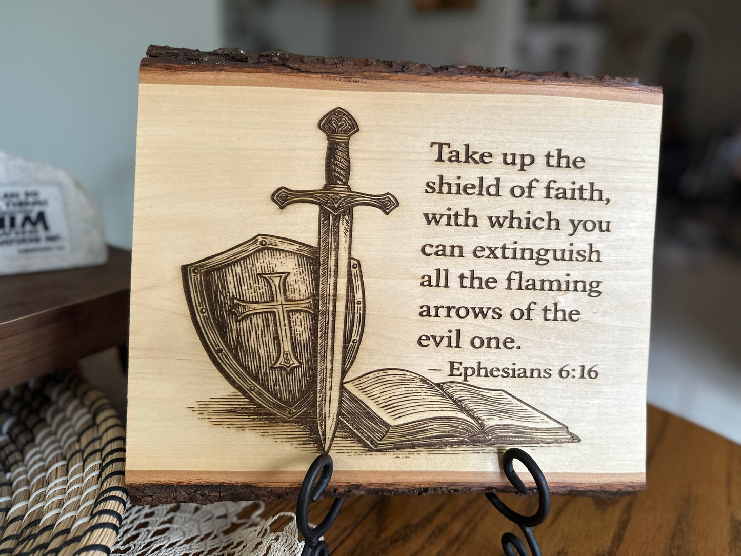 Shield of Faith Wood Engraving – Ephesians 6:16 Christian Wall & Table Decor