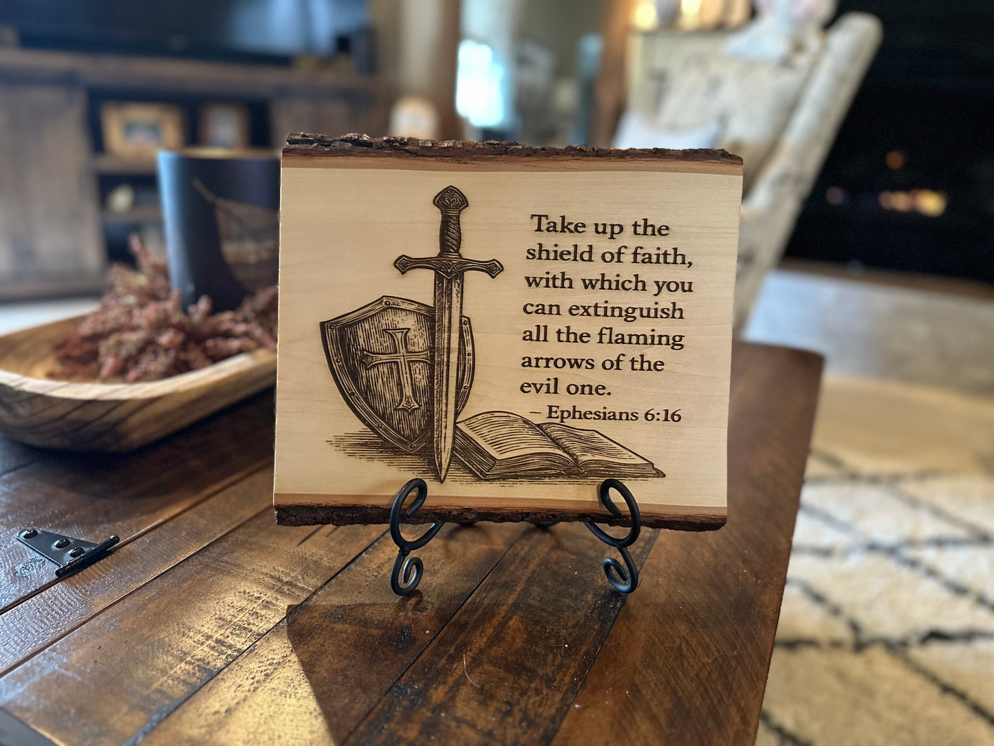 Shield of Faith Wood Engraving – Ephesians 6:16 Christian Wall & Table Decor