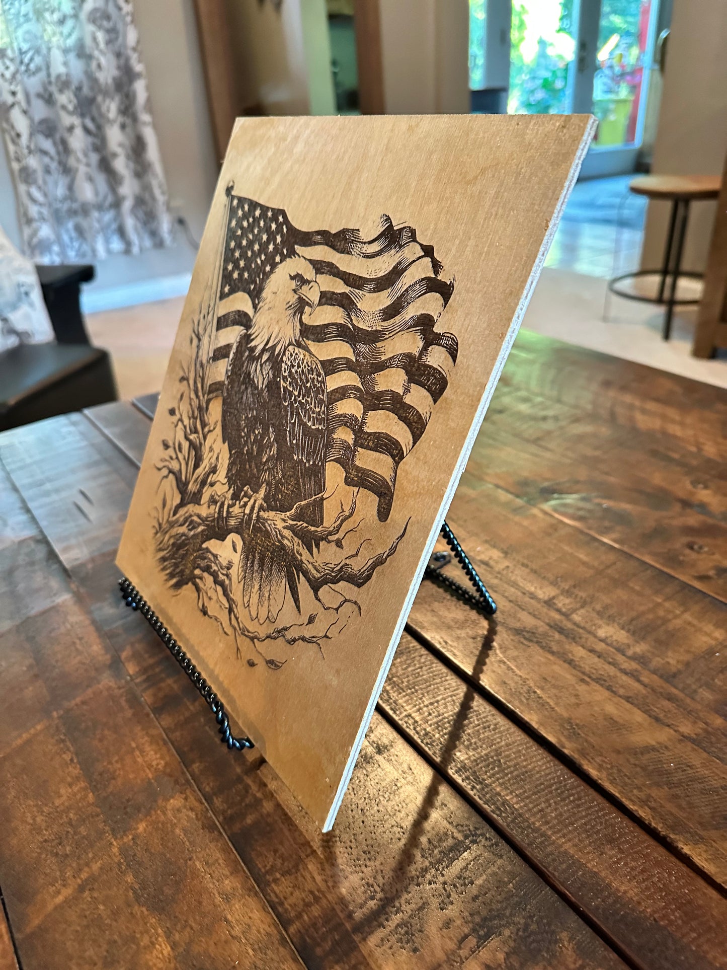 Wood engraved eagle and flag.