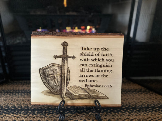 Shield of Faith Wood Engraving – Ephesians 6:16 Christian Wall & Table Decor