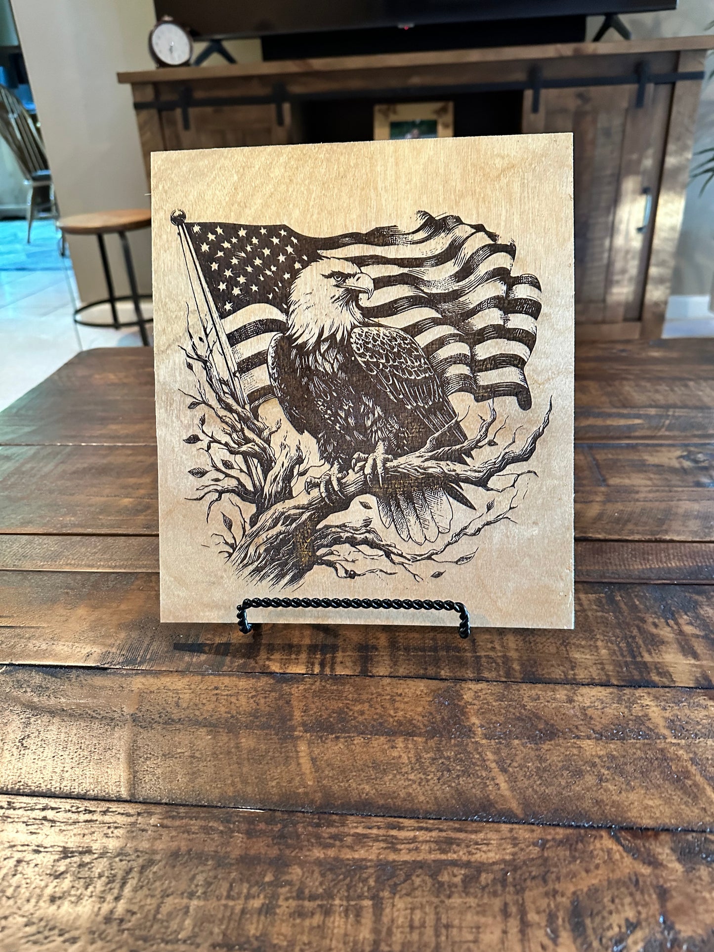 Wood engraved eagle and flag.