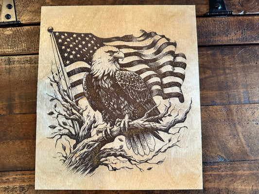 Wood engraved eagle and flag.