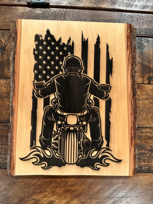 Wood engraved American flag and biker.